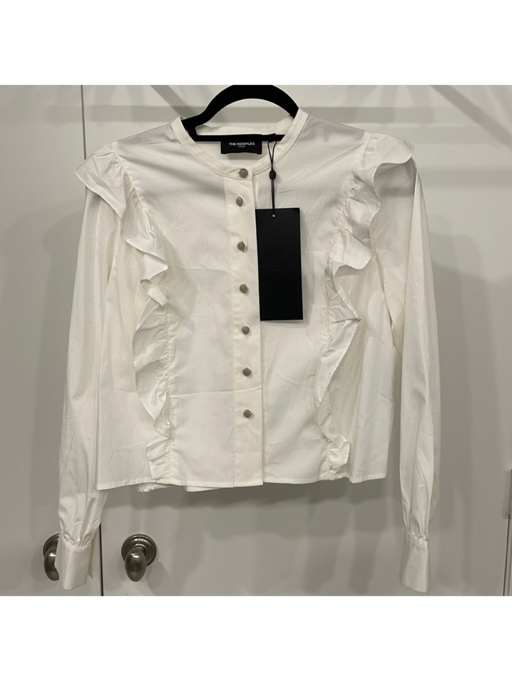 The Kooples White Cotton Long Sleeve Ruffle Accent Button-Up Cropped Shirt sz m